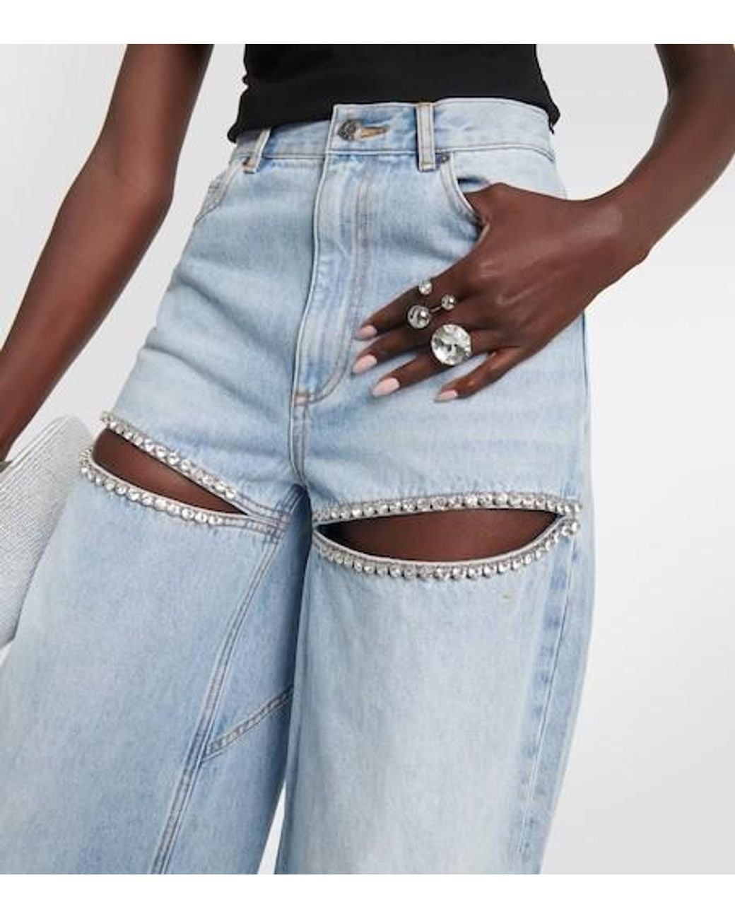 Area Blue Cutout Embellished High-Rise Wide-Leg Jeans
