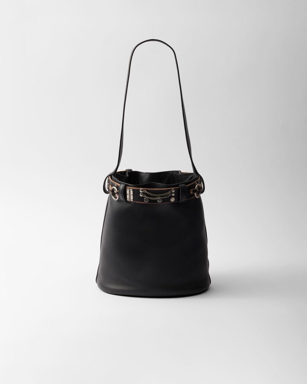 Prada Black Stud-Embellished Belt Bucket Bag