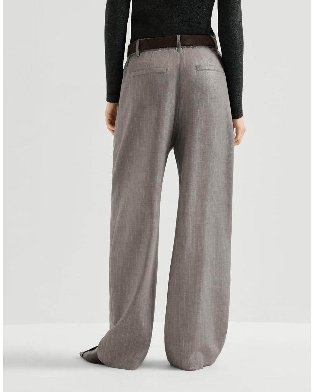 Brunello Cucinelli Gray Sparkling Virgin Wool Pinstripe Track Trousers With Monili