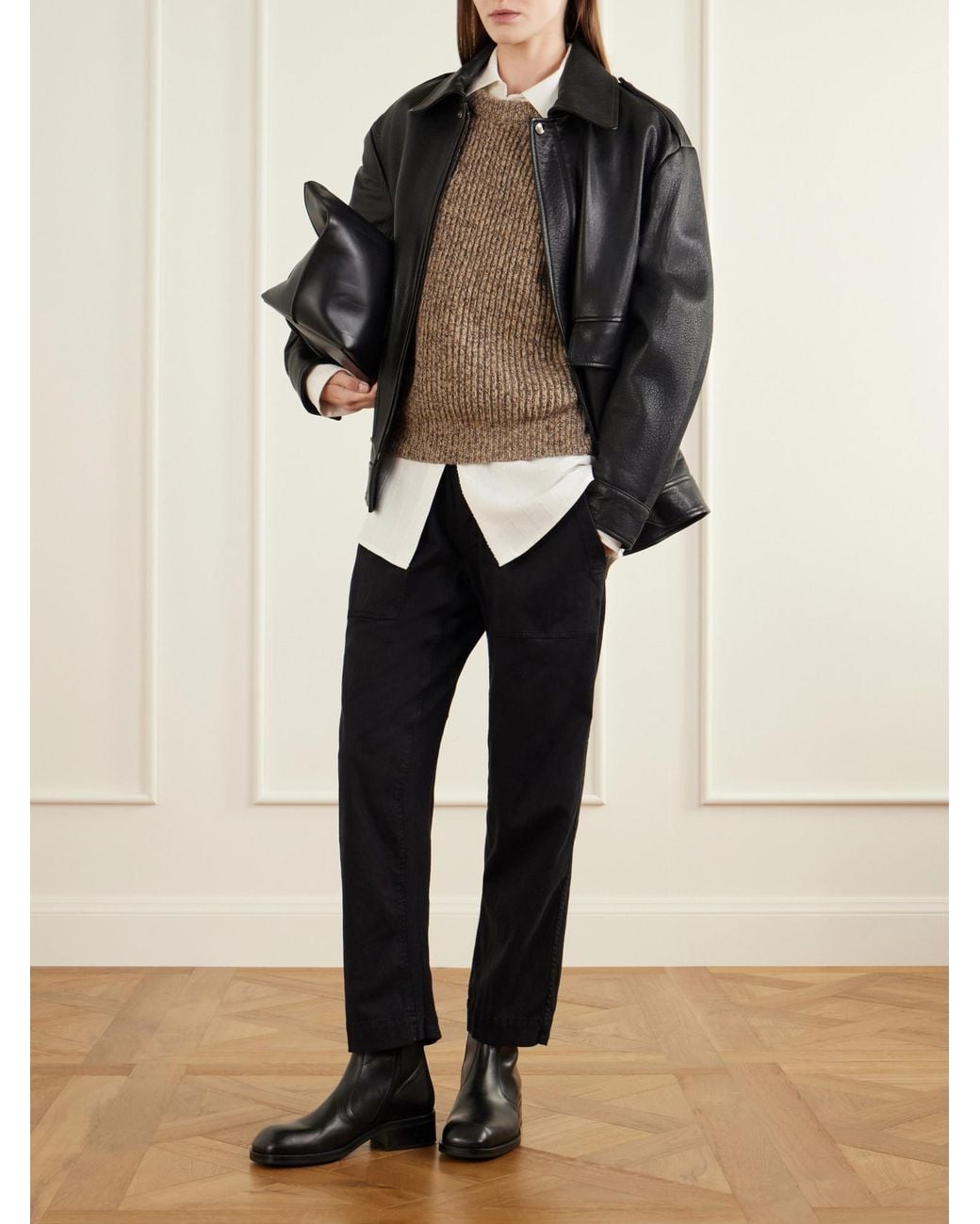James Perse Black Rib-Trimmed Cotton-Twill Tapered Pants