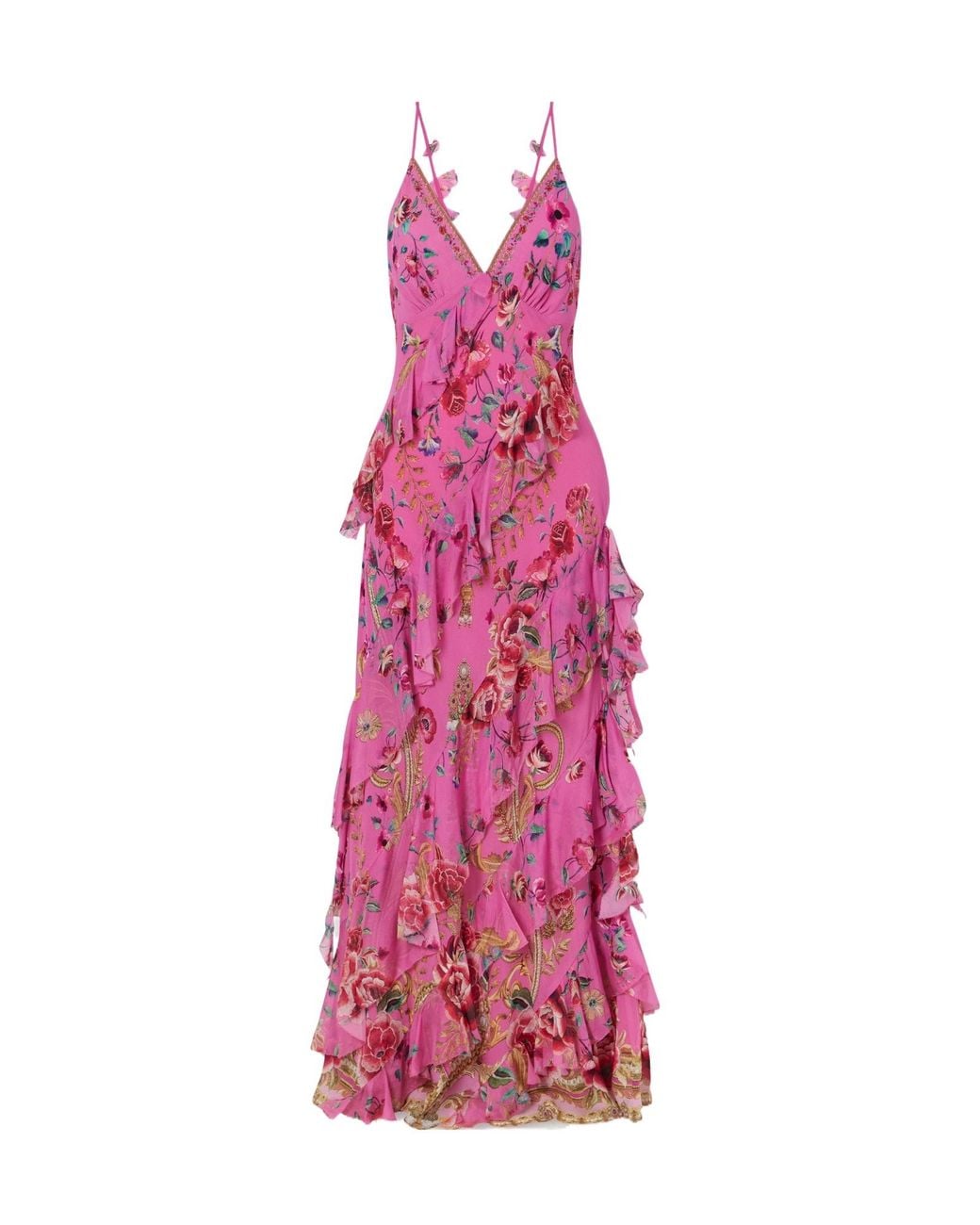 Camilla Pink Embellished Ruffled Silk-Georgette Maxi Dress