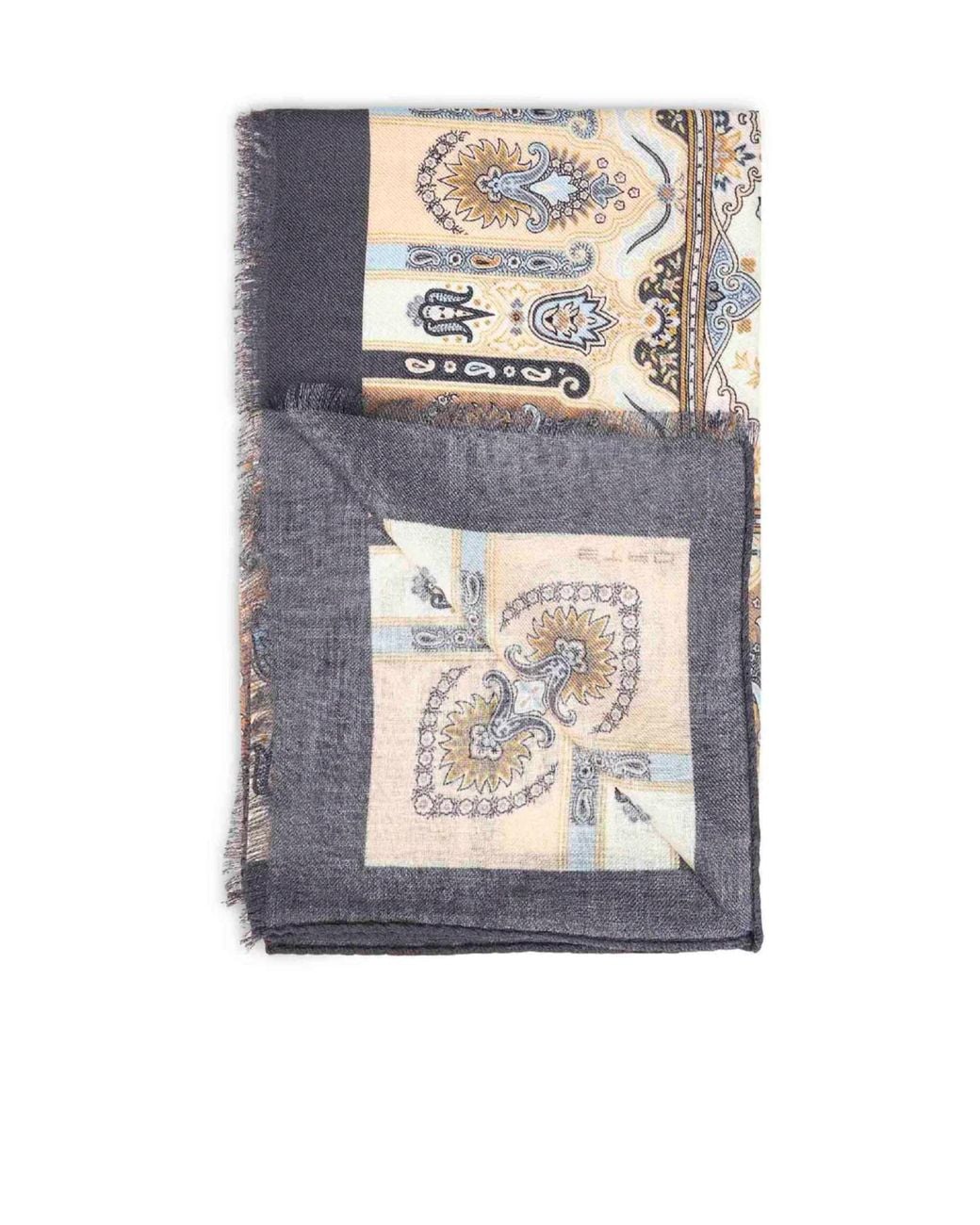 Etro Natural Wool And Silk Scarf With Paisley Motif And Floral Details