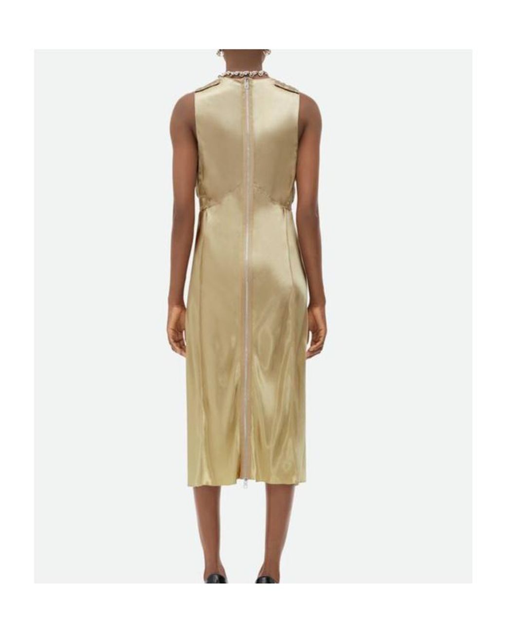 Bottega Veneta Metallic V-Neck Satin Midi Dress