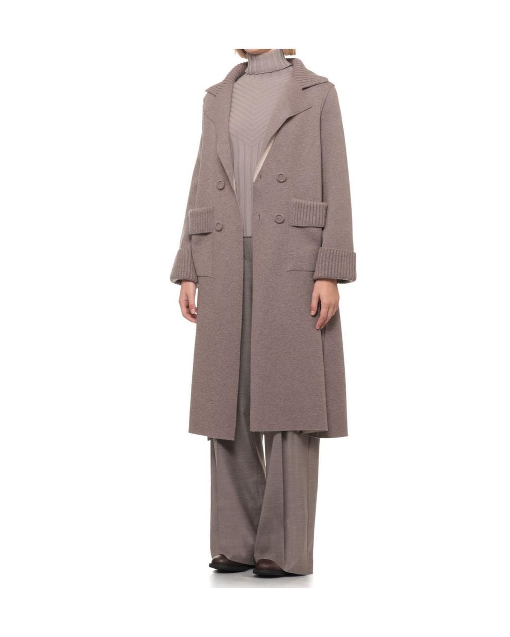 D.exterior Natural Ribbed-Trim Double-Breasted Coat