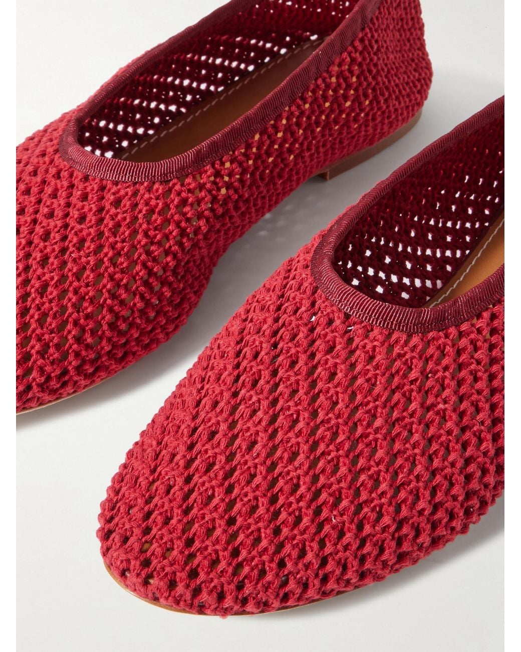 Staud Red Grosgrain-Trimmed Crocheted Ballet Flats