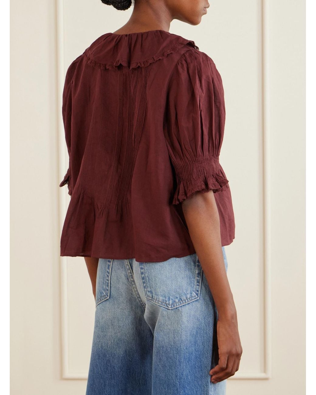 Doen Shirred Lace-Trimmed Organic Cotton Blouse