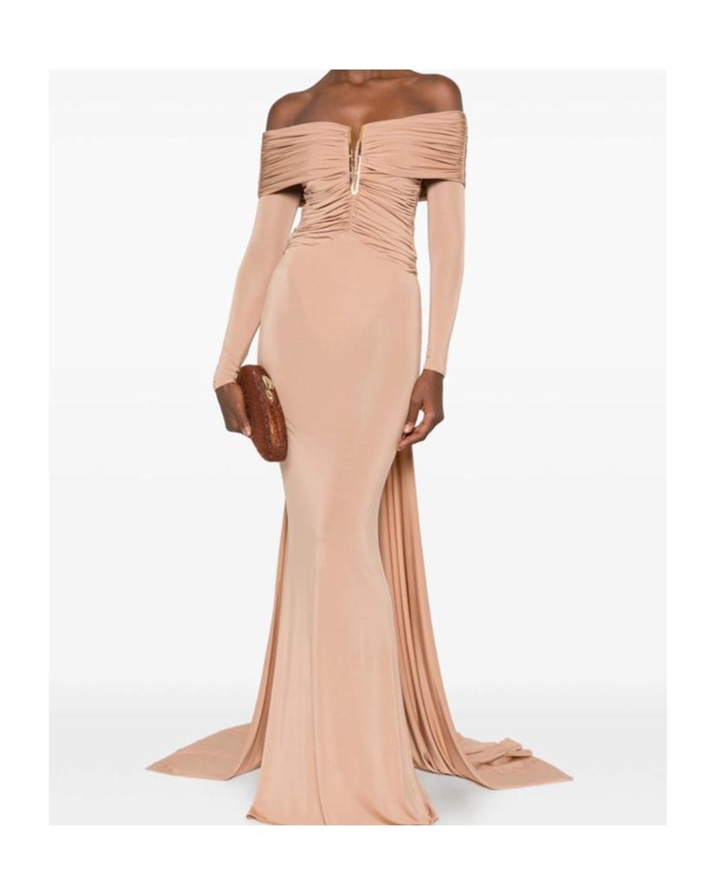 Elisabetta Franchi Natural Ruched Off-Shoulder Maxi Dress