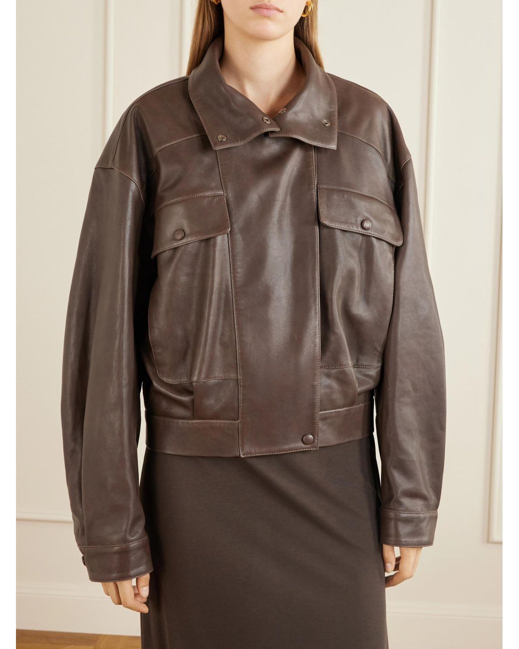 Nour Hammour Brown Quincy Cropped Paneled Leather Bomber