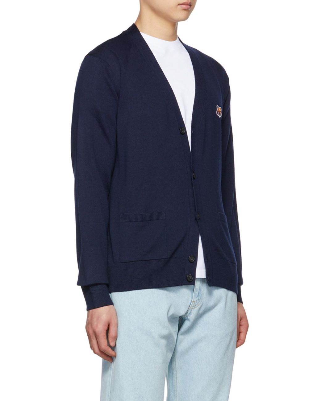 Maison Kitsuné Blue Maison Kitsuné V-Neck Long-Sleeved Cardigan for men
