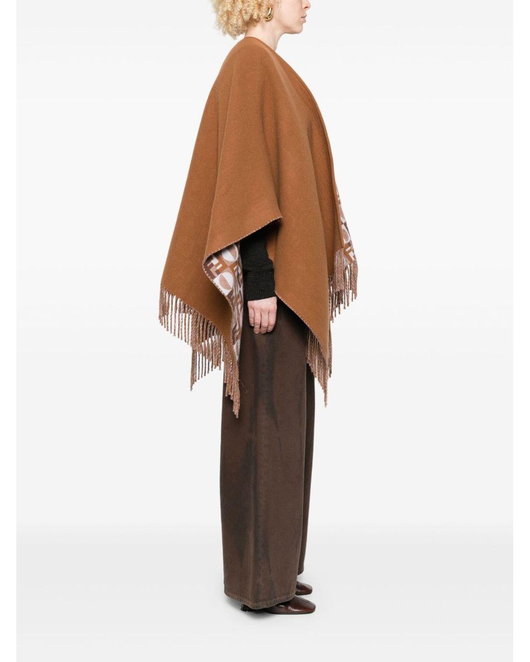 Fendi Brown Ff Jacquard Fringed-Edge Cape