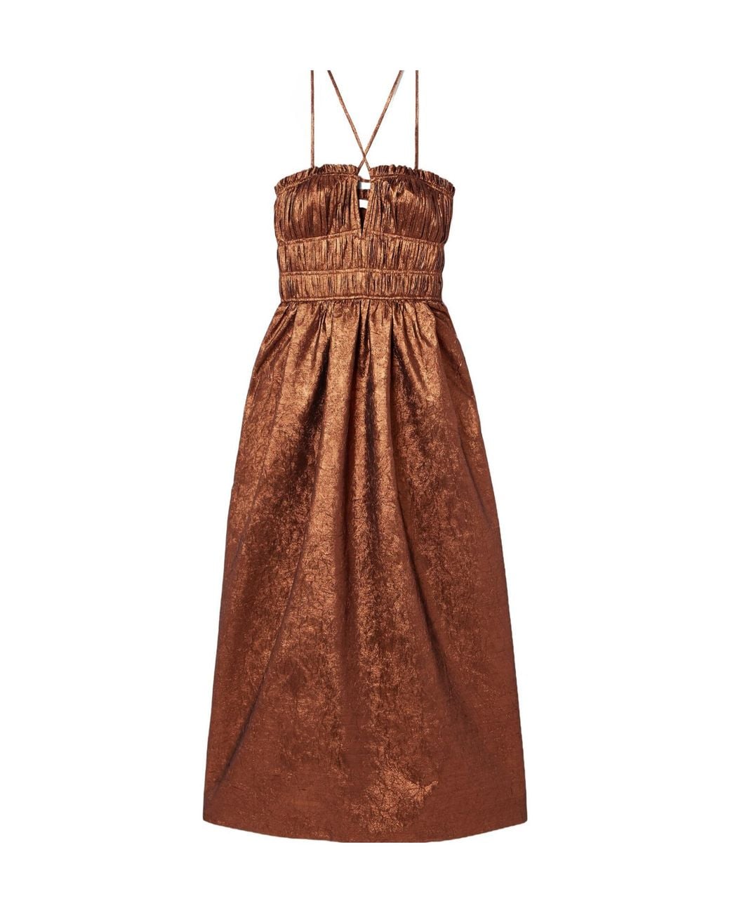 Ulla Johnson Brown Seraphina Shirred Metallic Crinkled-Taffeta Midi Dress