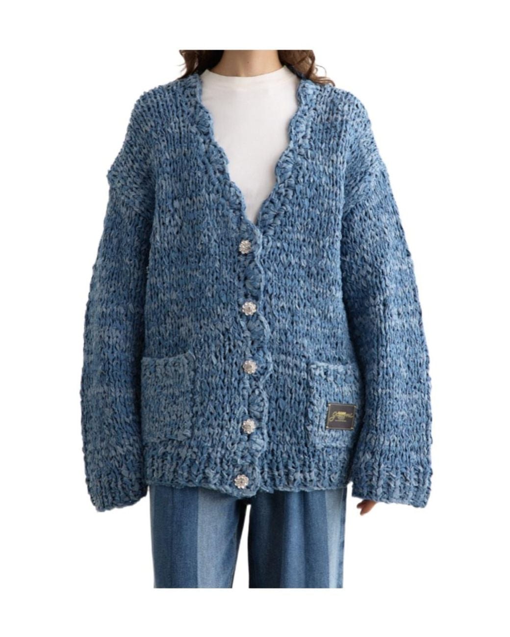 GANNI クロップド カーディガン ブルー Open-knit cotton-blend cardigan in blue - Ganni | Mytheresa