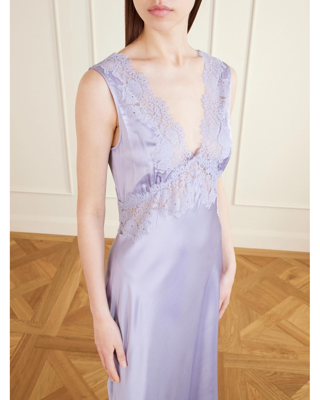 Rixo Purple Lace-Trimmed Satin Maxi Dress