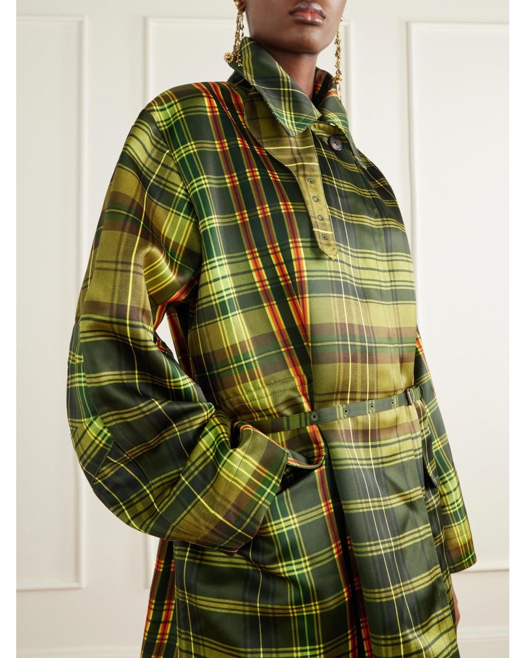 Dries Van Noten Green Belted Checked Duchesse Satin Coat