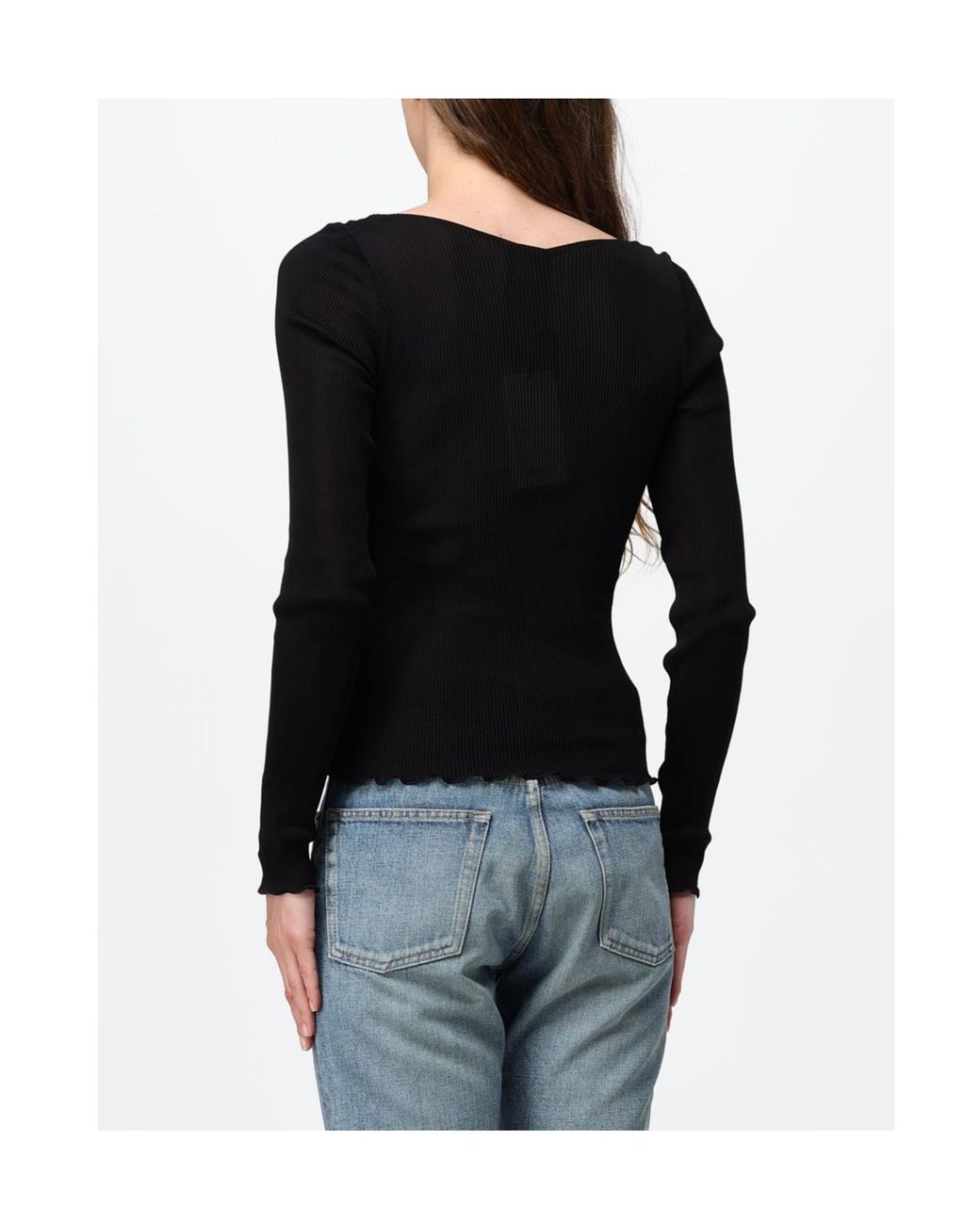 Saint Laurent Black Cassandre V-Neck Ribbed Top