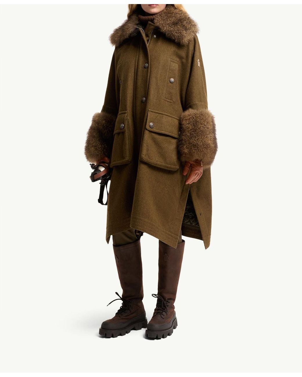 Moncler Brown Mantreau Shearling-Trimmed Loden Cape