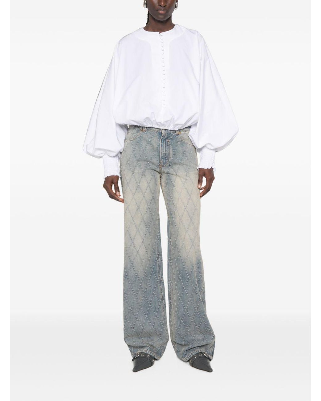 Balmain Blue Diamond-Quilted Wide-Leg Jeans