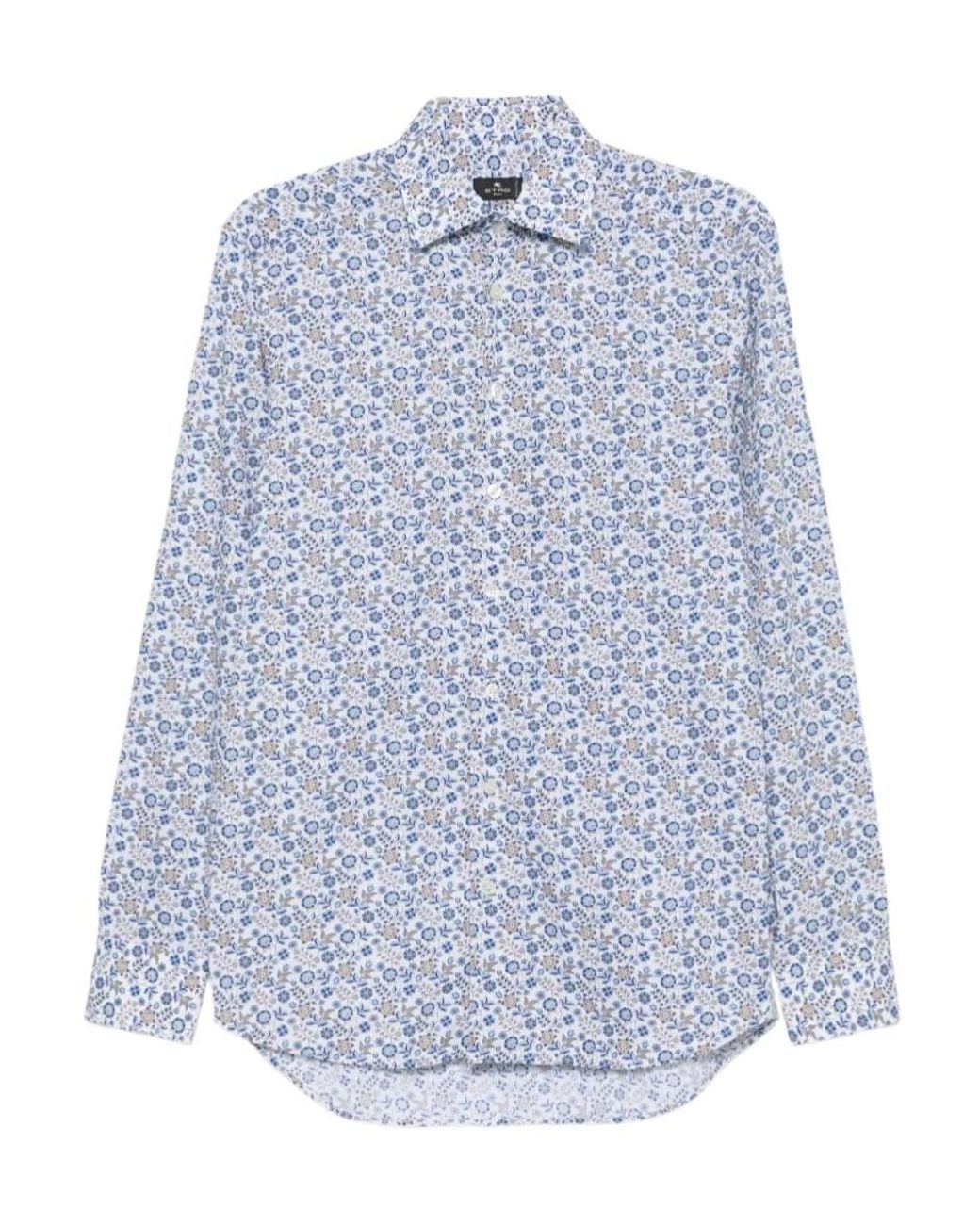 Etro Blue Floral-Print Long-Sleeve Shirt for men