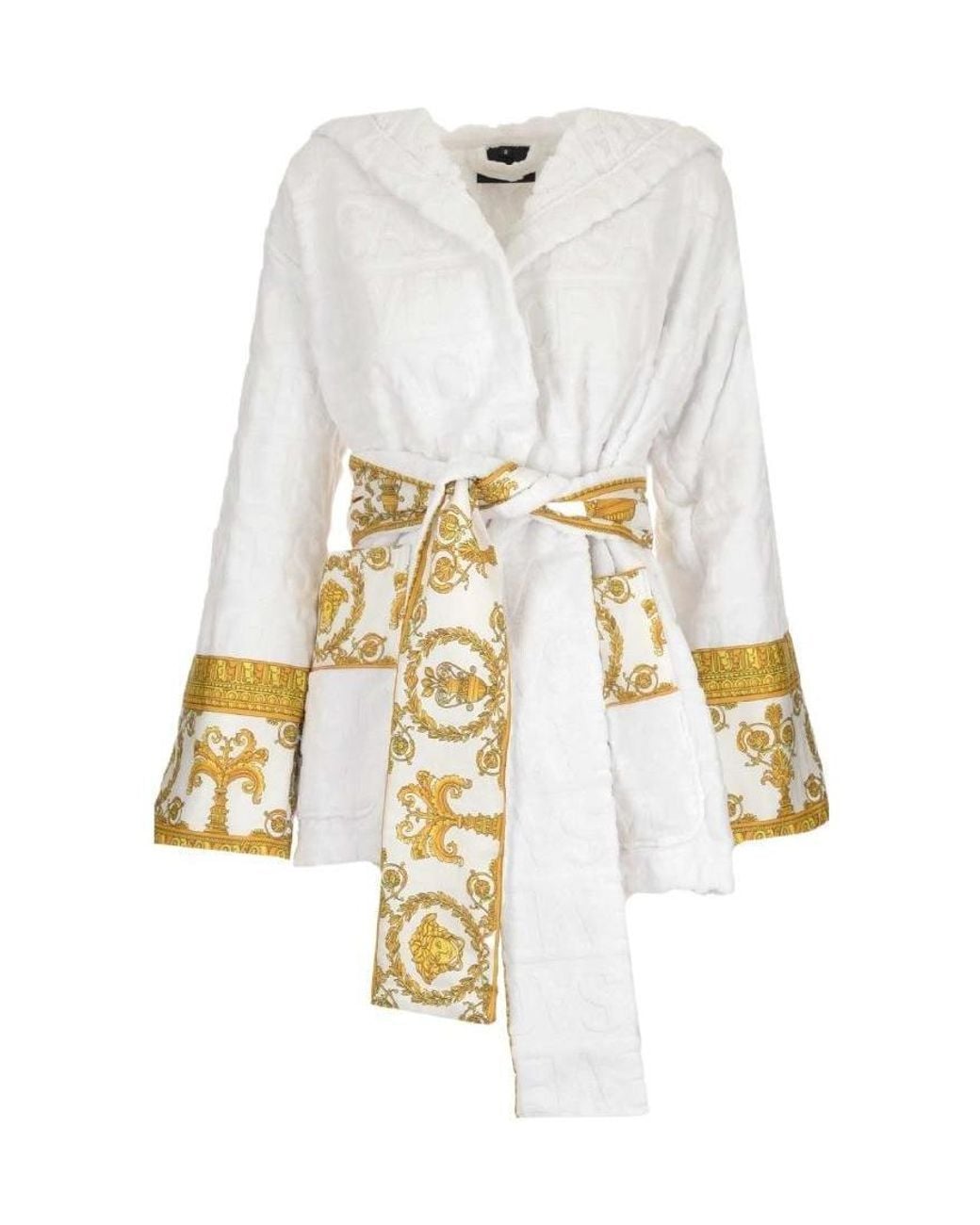 Versace White Baroque Printed Belted Waist Robe