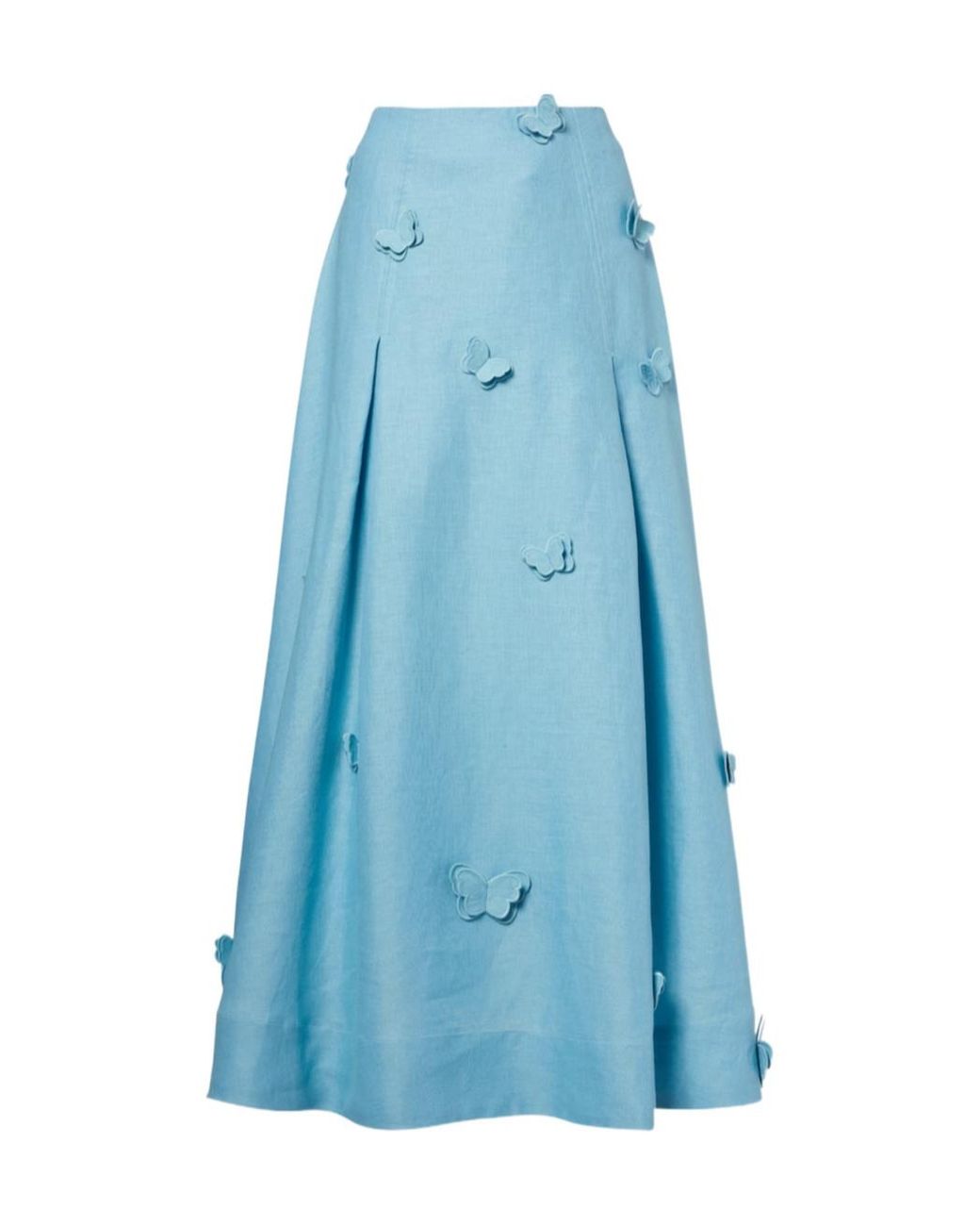 Farm Rio Blue Patch-Appliqué Linen Midi Skirt