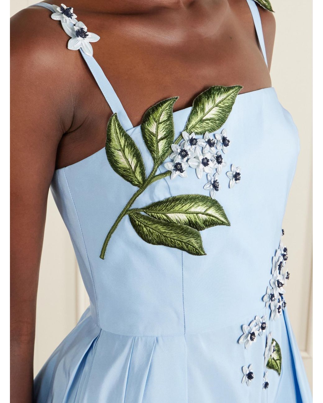 Oscar de la Renta Blue Floral-Embellished Silk Midi Dress