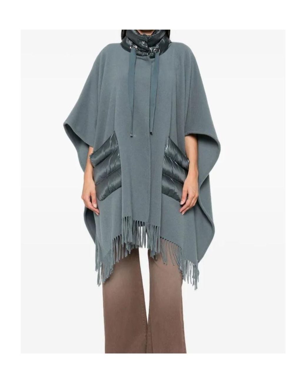 Herno Blue High-Neck Fringed-Edge Drawstring Poncho