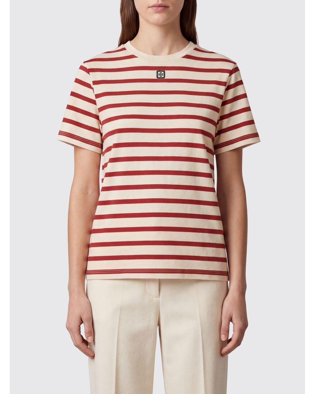 Tory Burch Pink Striped Embroidered T-Shirt