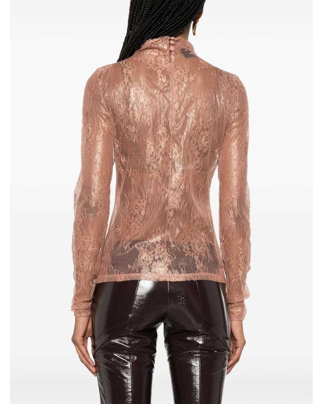 Pinko Pink Lace-Detailed Roll-Neck Semi-Sheer Top