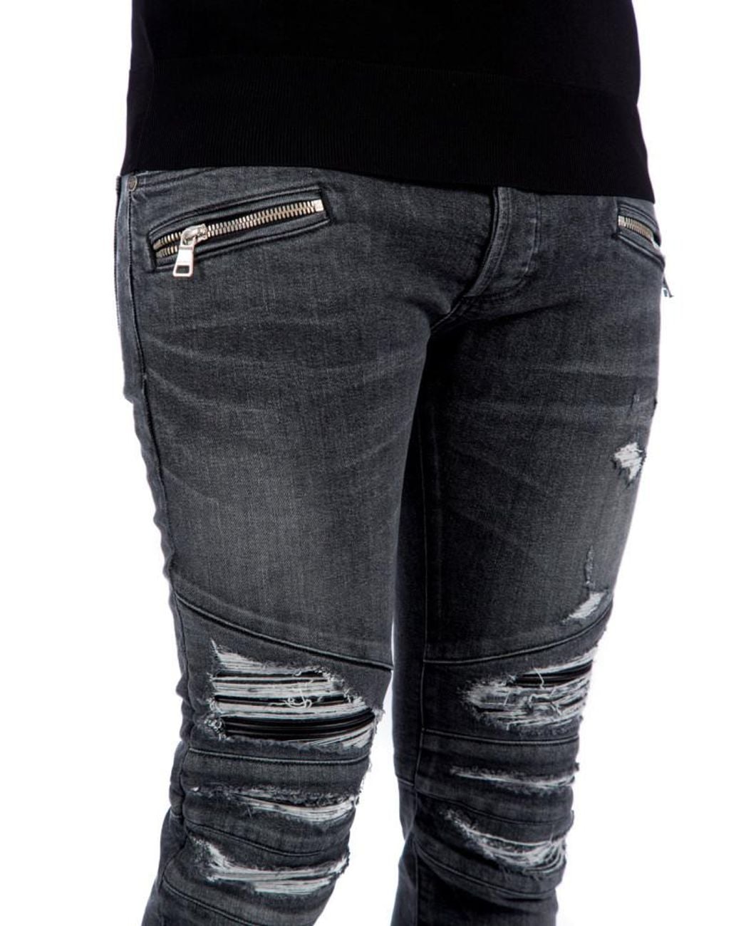 Balmain Gray Slim-Cut Ripped Cotton Jeans With Synthetic Leather Panels for men