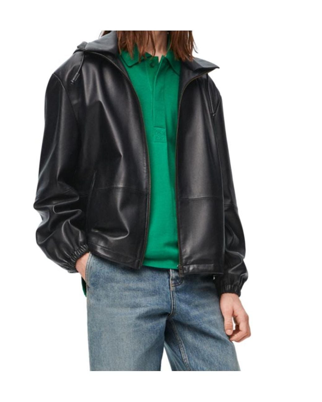 Loewe Black Hooded Zipped Leather Jacket for men