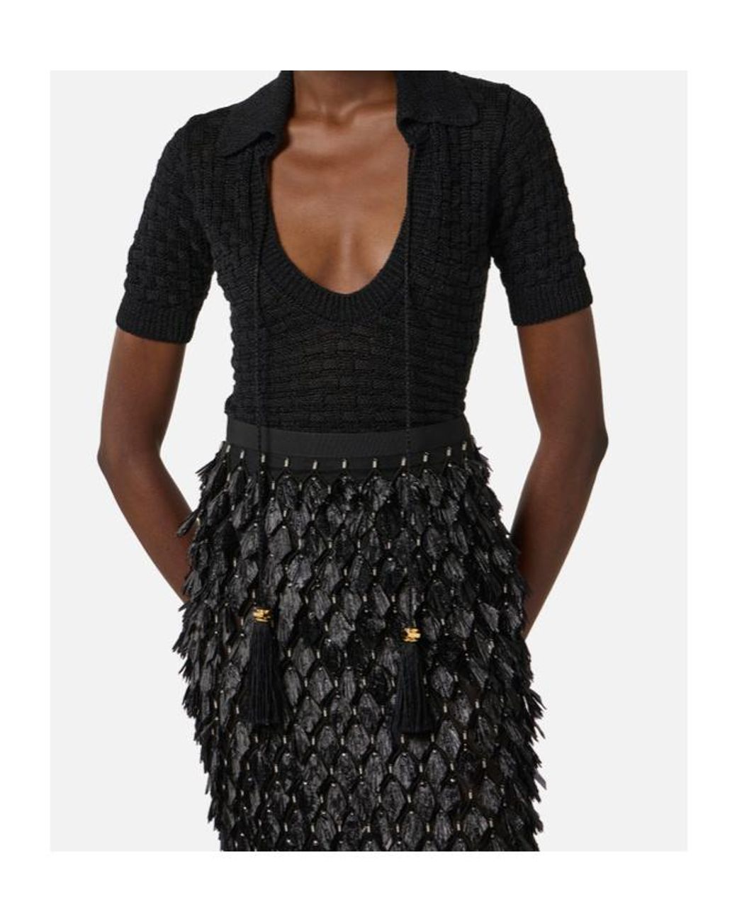 Elisabetta Franchi Black Basket-Stitch Tassel Knit Top