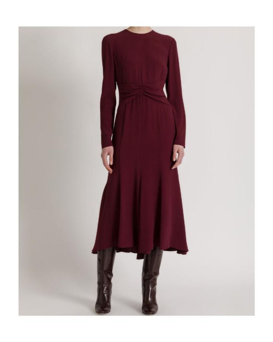 Alberta Ferretti Red Midi Ruched-Waist Long-Sleeve Dress