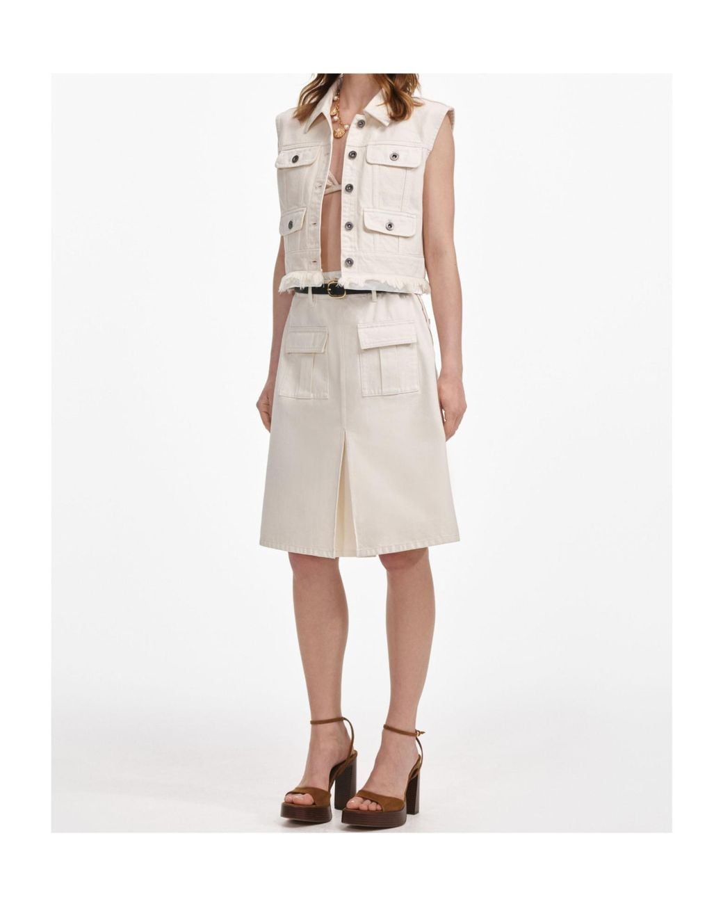 Self-Portrait Natural Denim Midi Skirt