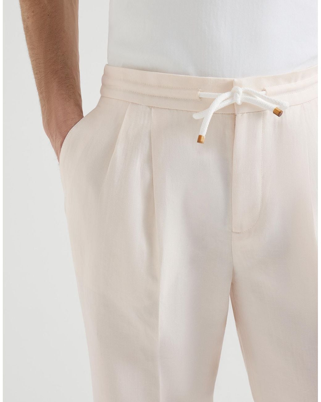 Brunello Cucinelli White Drawstring Tapered Leg Trousers for men