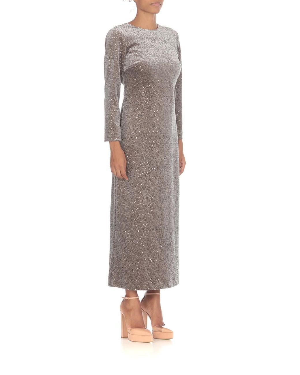 Peserico Gray Sequined Long Sleeved Midi Dress