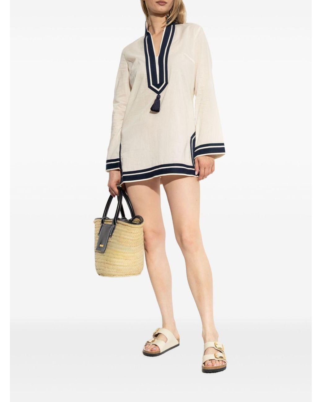 Tory Burch Natural Embroidered Tassel Tunic Top