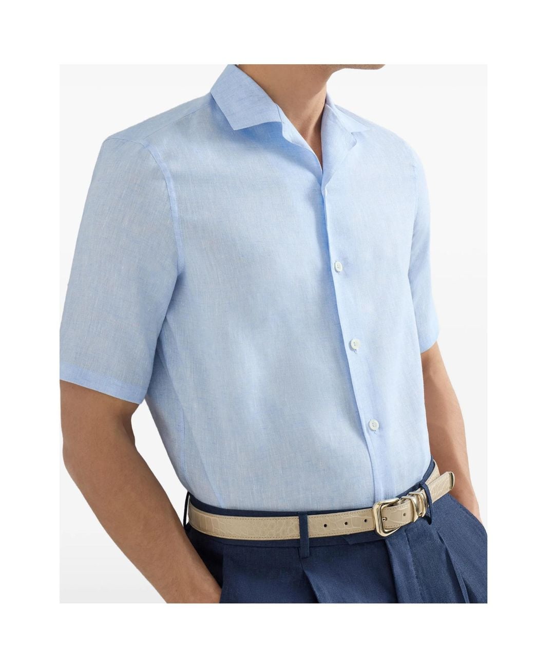 Brunello Cucinelli Blue Short-Sleeved Button-Up Shirt for men