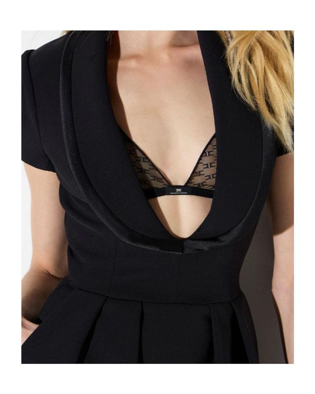 Elisabetta Franchi Black Pleated Deep-Neck Dress