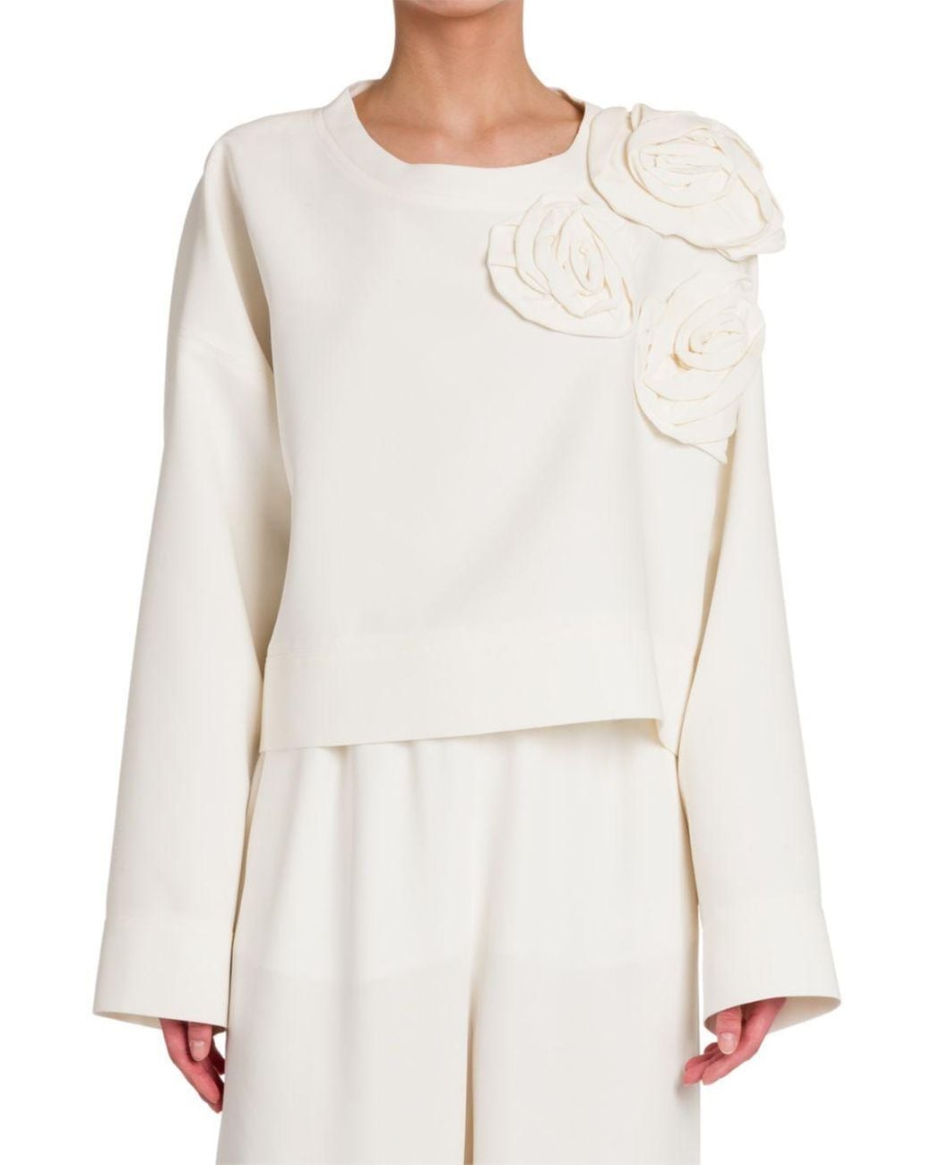 Valentino White Floral-Appliqué Long-Sleeve Top
