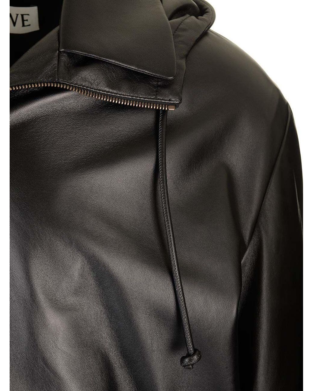 Loewe Black Hooded Zipped Leather Jacket for men