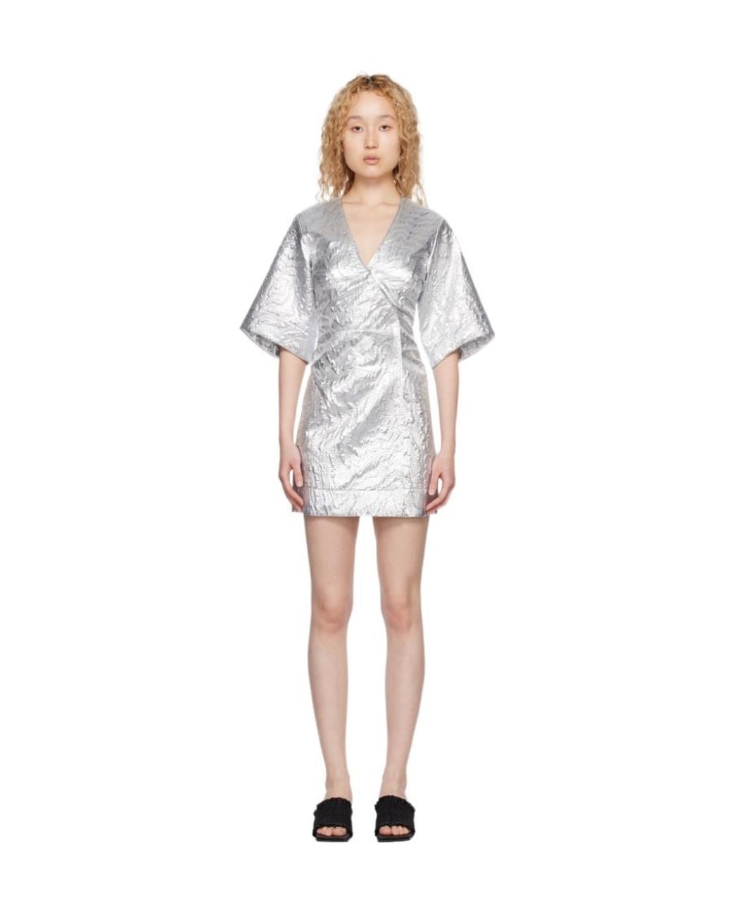 Ganni Metallic Jacquard Minidress in White | Lyst UK