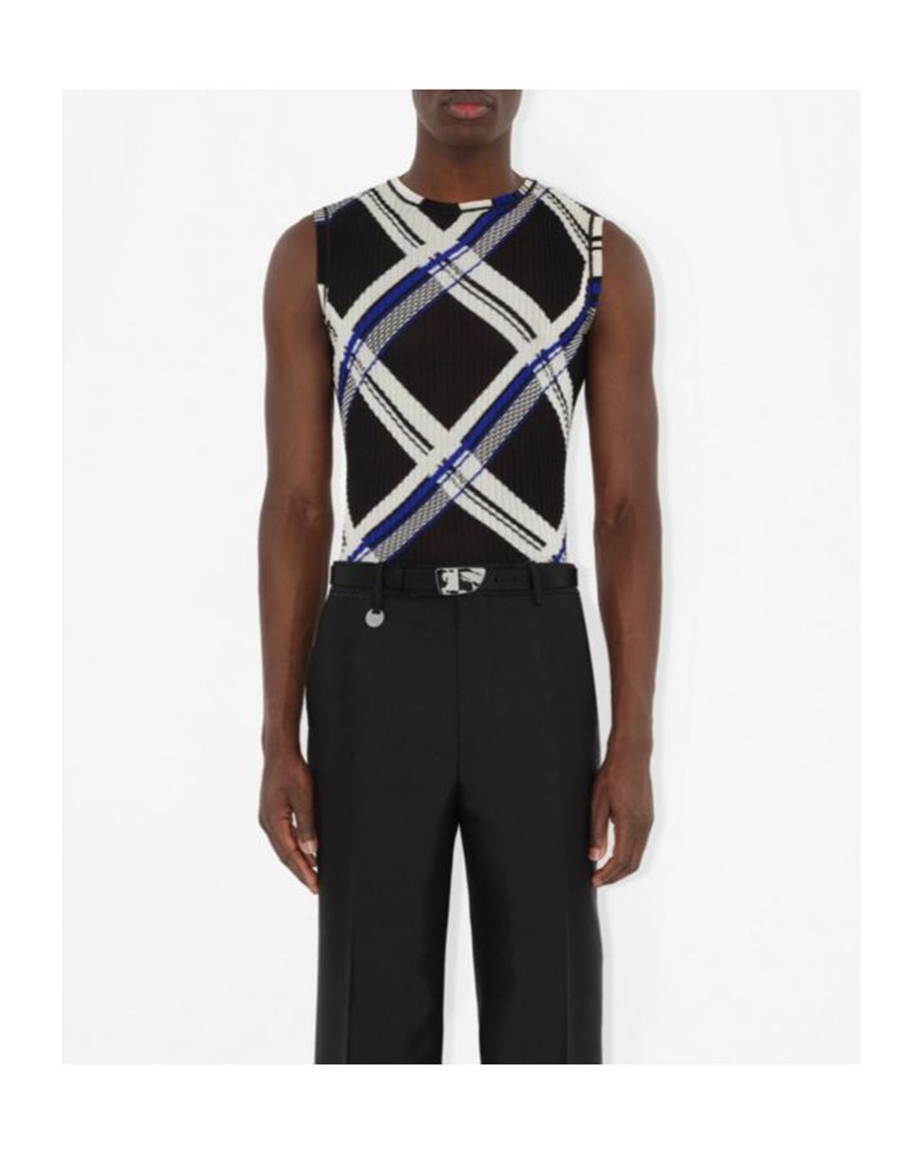 Burberry Blue Checked Ribbed-Knit Sleeveless Top for men