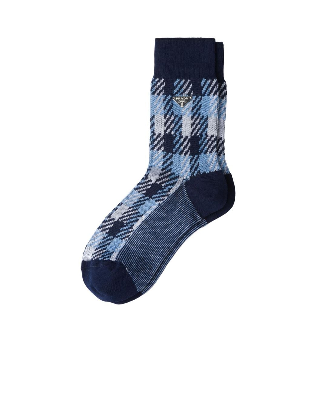 Prada Blue Triangle-Logo Houndstooth Pattern Knitted Socks