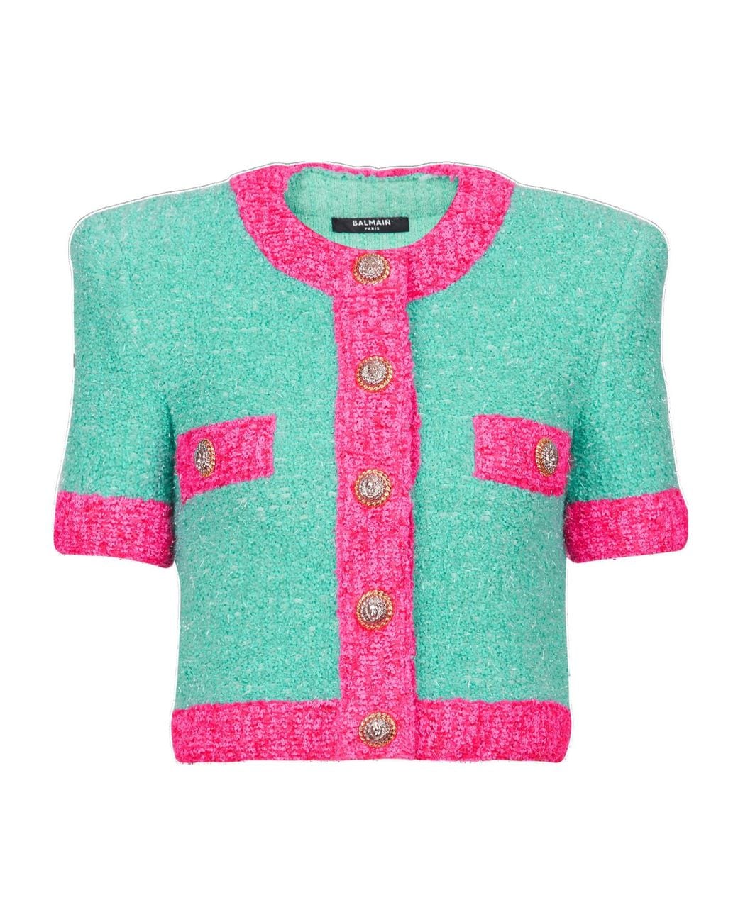 Balmain Pink Two-Tone Cropped Knit Cardigan
