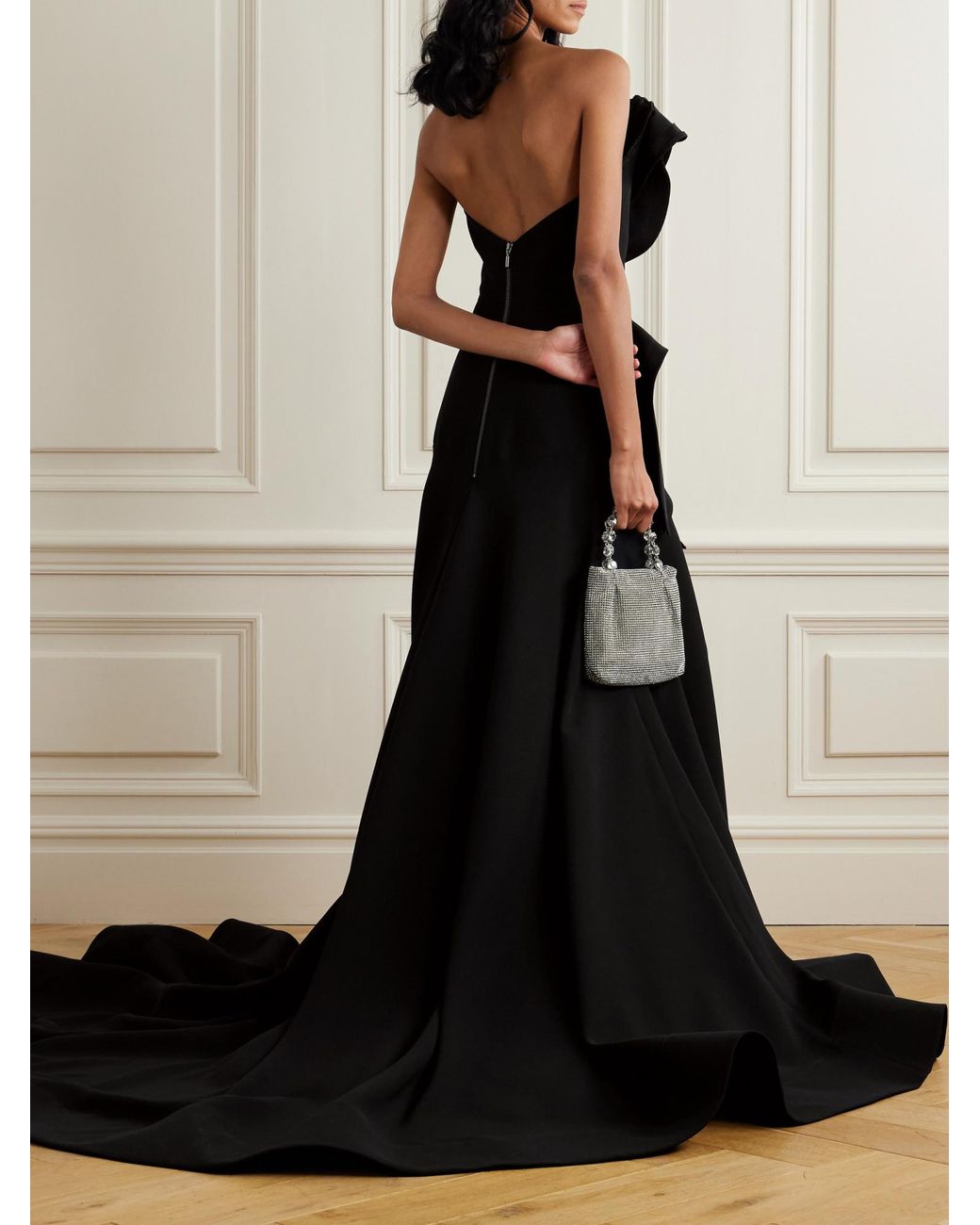 Maticevski Black Ironworks Strapless Mesh-Trimmed Ruffled Crepe Gown