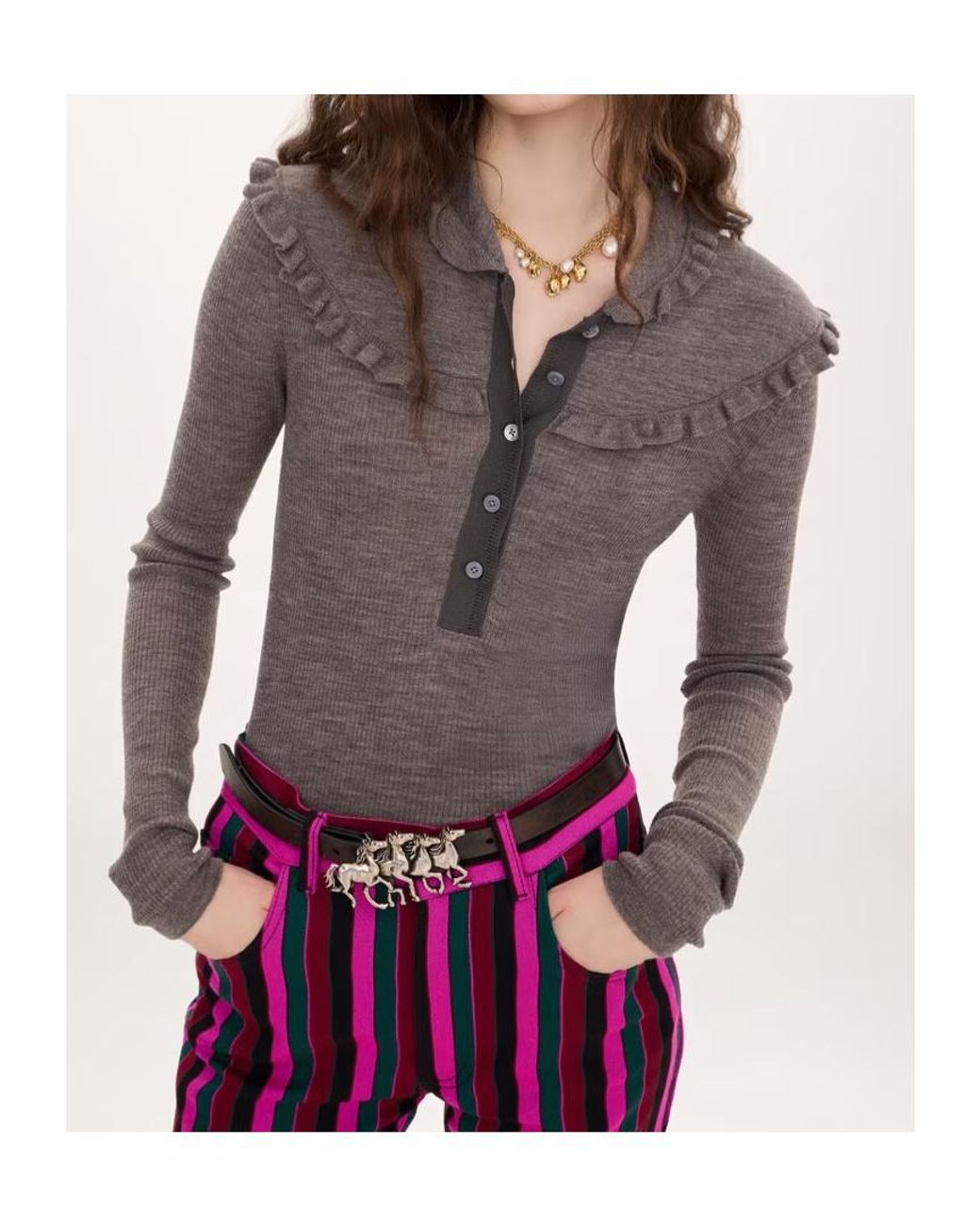 Chloé Gray Chloé Fitted Knit Henley Shirt