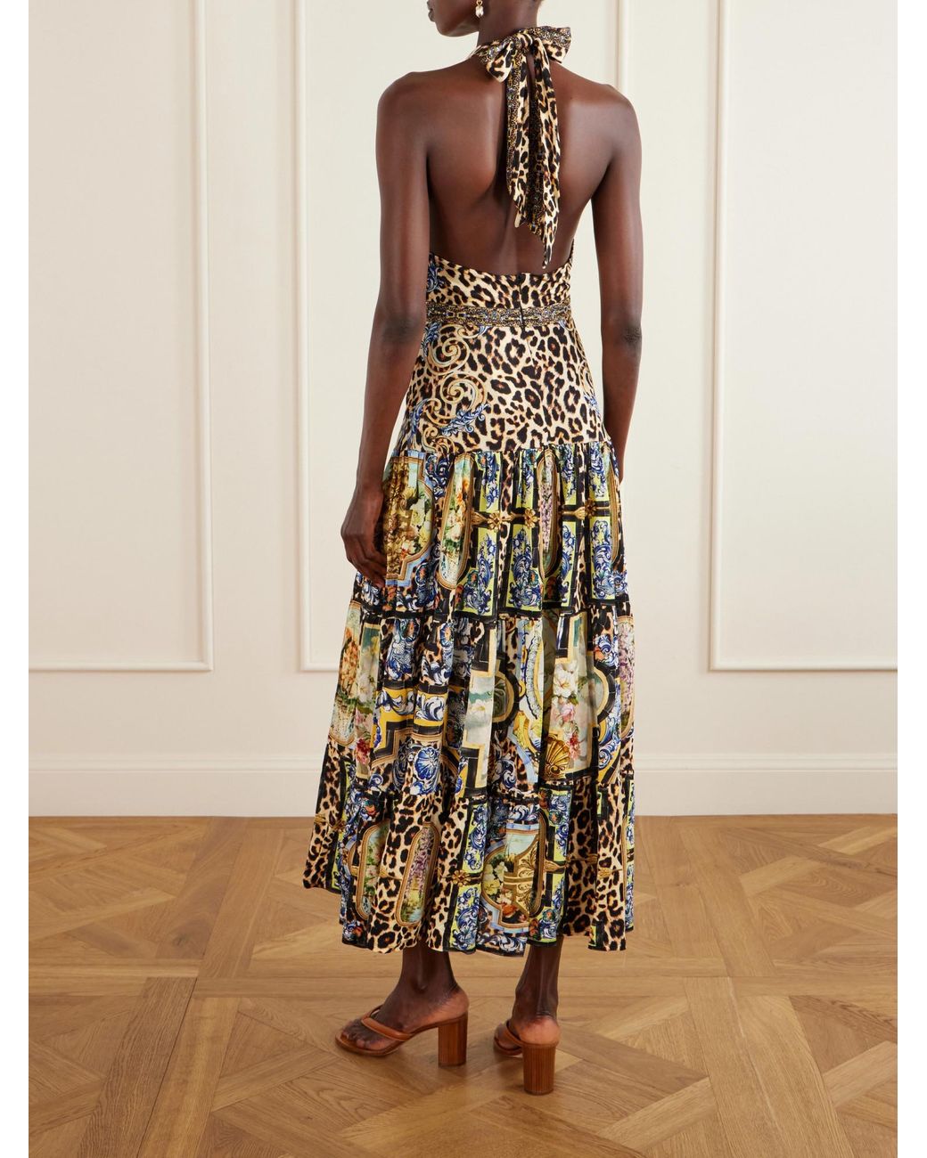 Camilla Metallic Tiered Crystal-Embellished Printed Jersey Maxi Dress