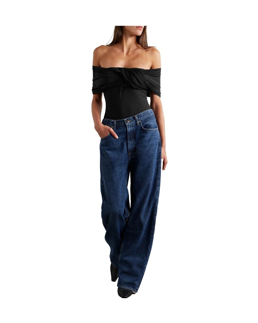 Goldsign Black Off-The-Shoulder Twist-Front Ruched Stretch-Jersey Thong Bodysuit