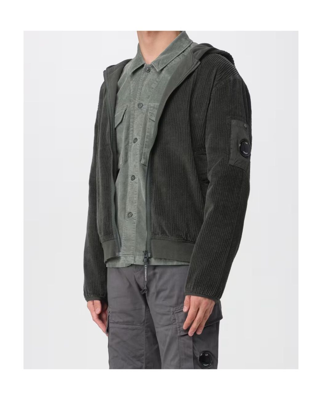 C P Company Black Corduroy 350 Full Zip Hooded Sweatshirt for men
