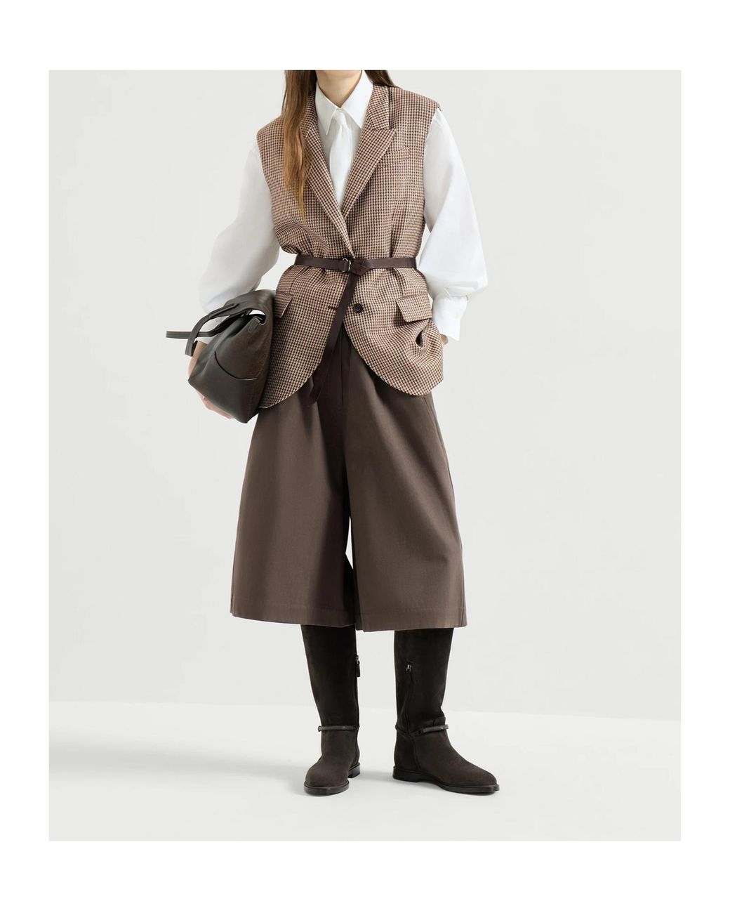 Brunello Cucinelli Brown Couture Cotton Gabardine Long Bermuda Shorts With Monili